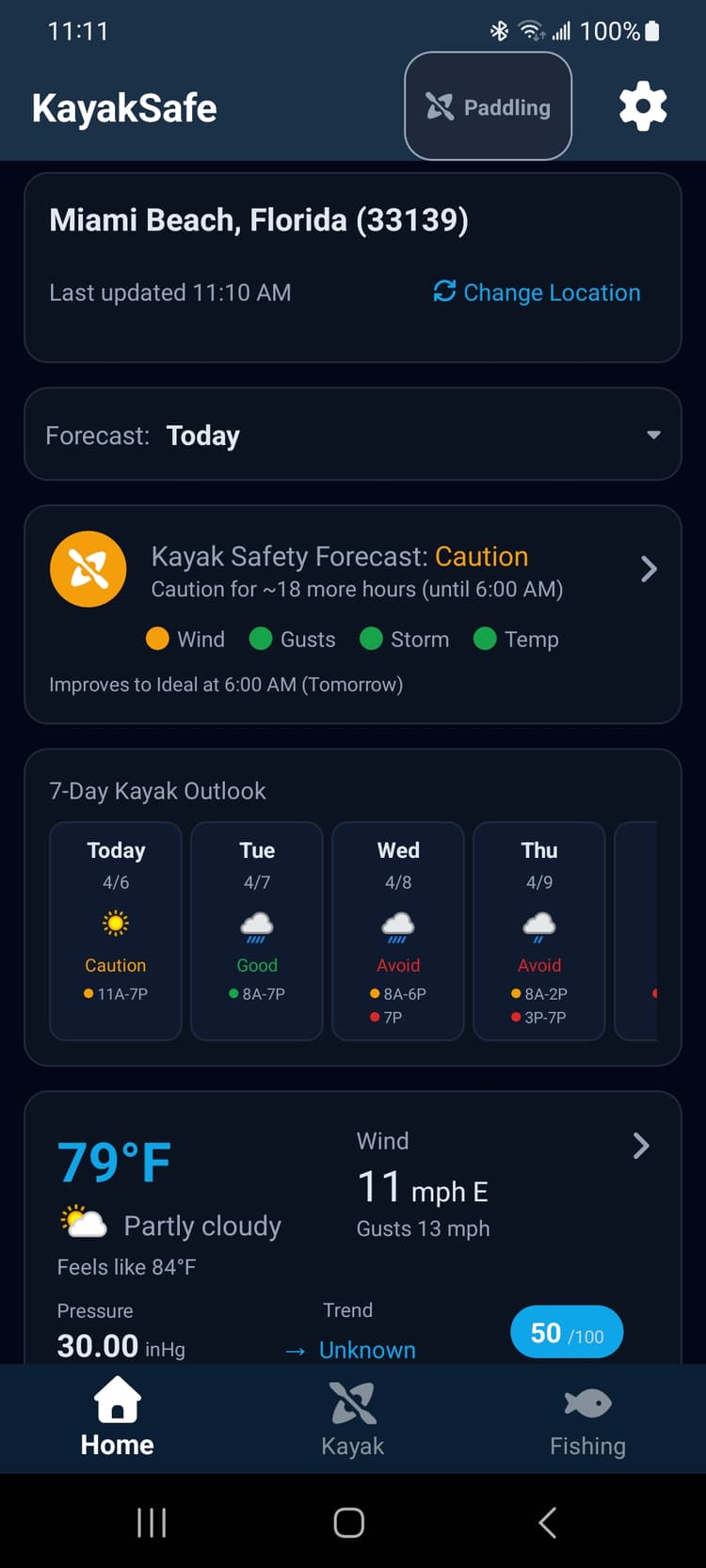 KayakSafe condition dashboard screenshot