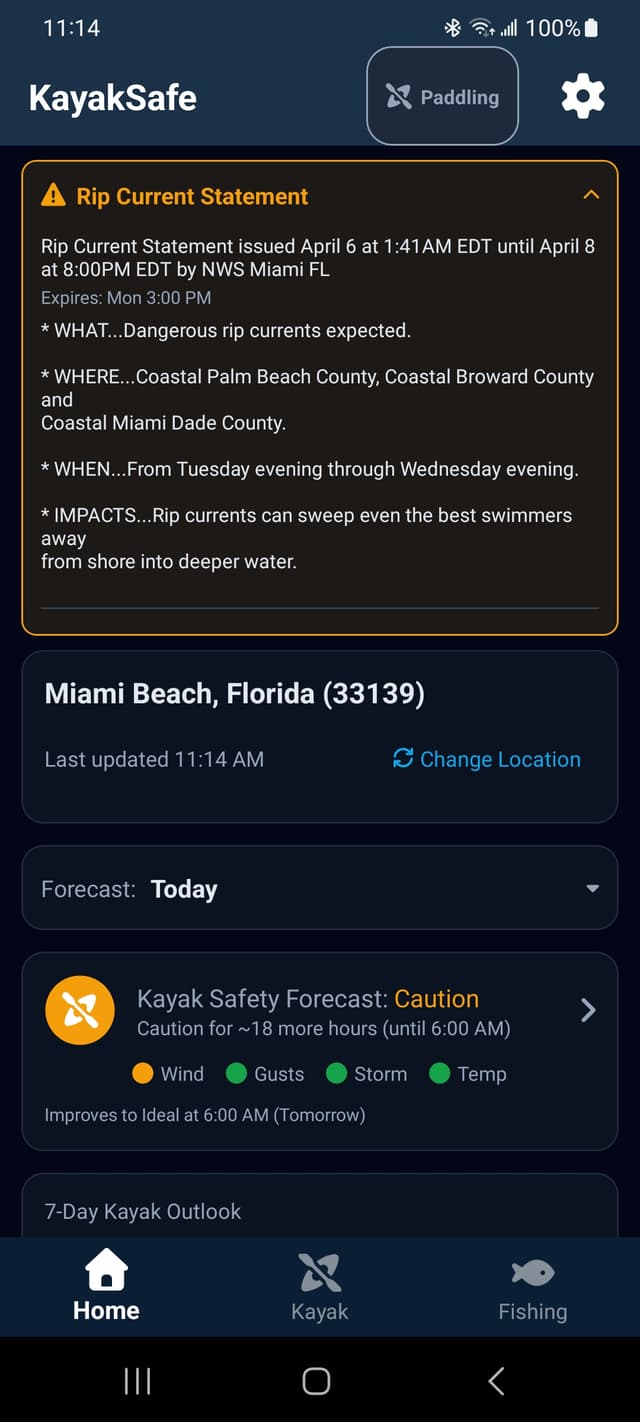 KayakSafe NWS weather alert